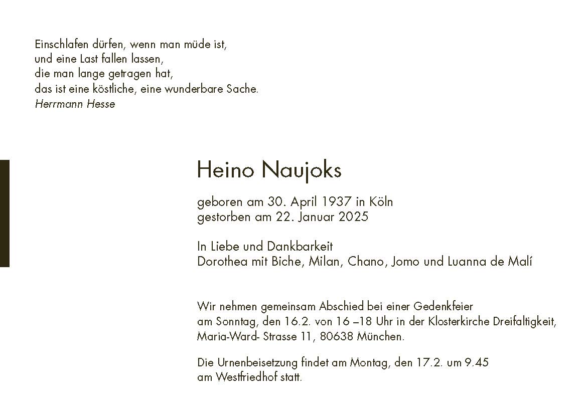 Trauerkarte der Familie von Heino Naujoks